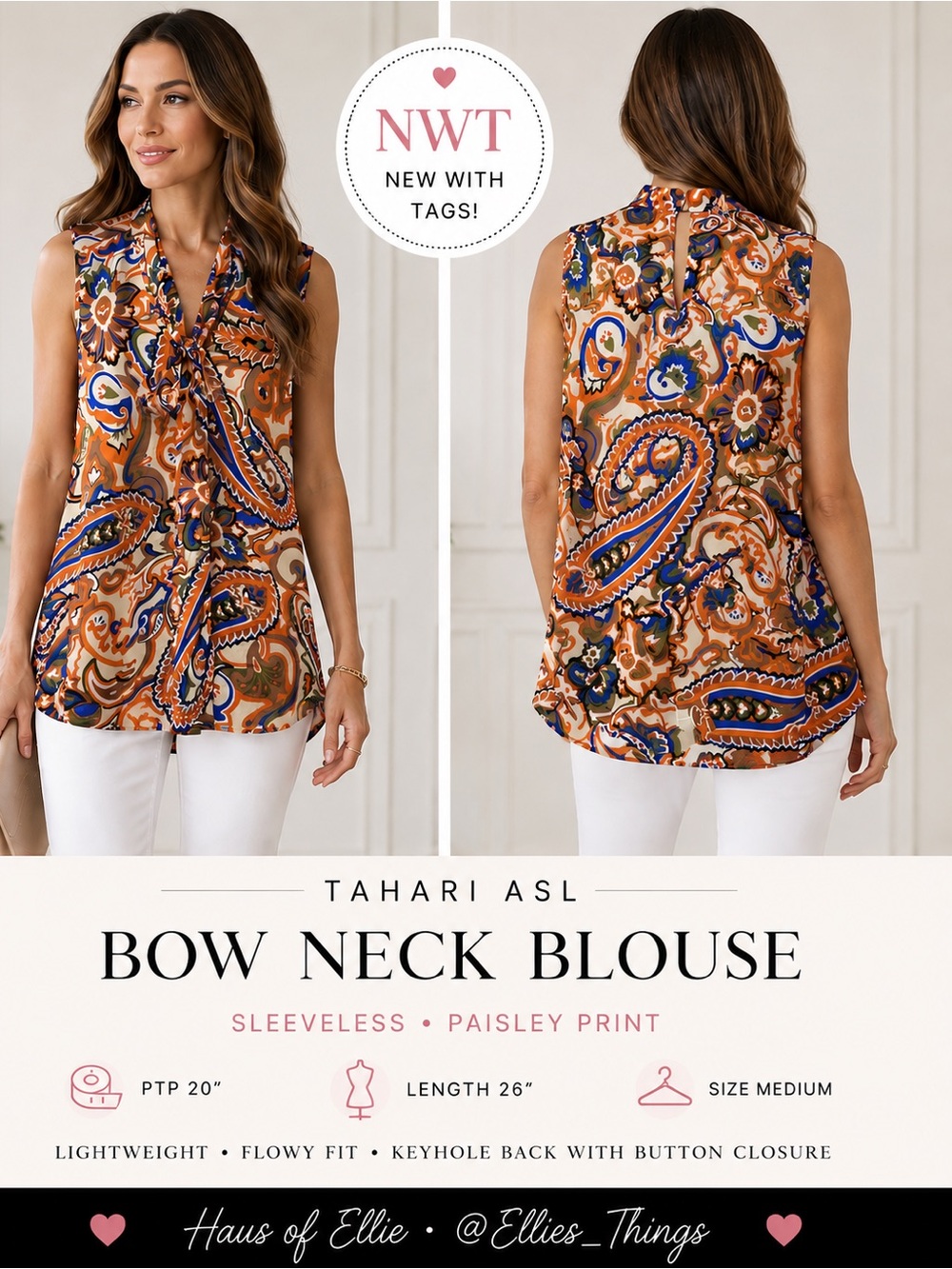 NWT Tahari ASL Paisley Bow Neck Sleeveless Blouse Medium $69